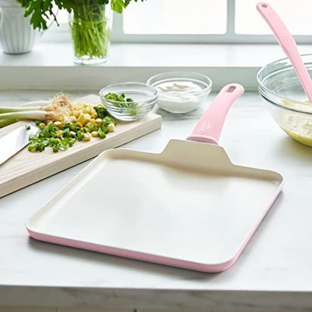 greenlife soft grip healthy ceramic nonstick, 11" griddle pan, pfas-free, dishwasher safe, soft pink