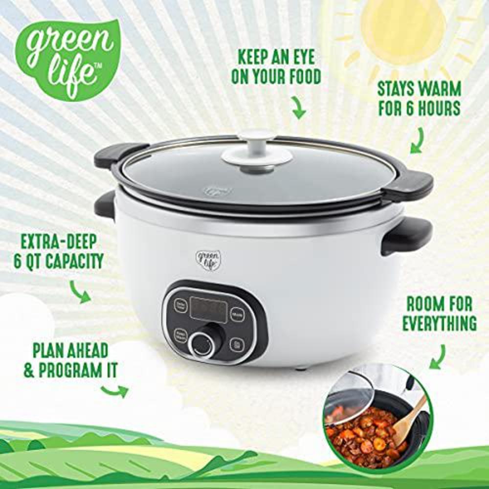 greenlife cook duo healthy ceramic nonstick 6qt slow cooker, pfas-free, digital timer, dishwasher safe parts, white