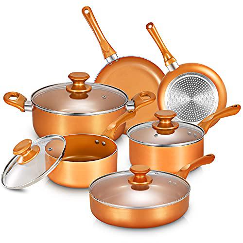 clockitchen pots and pans set, cookware set, copper pan set, nonstick  ceramic coating, saute pan, saucepan stockpot with lid, fry pan, co