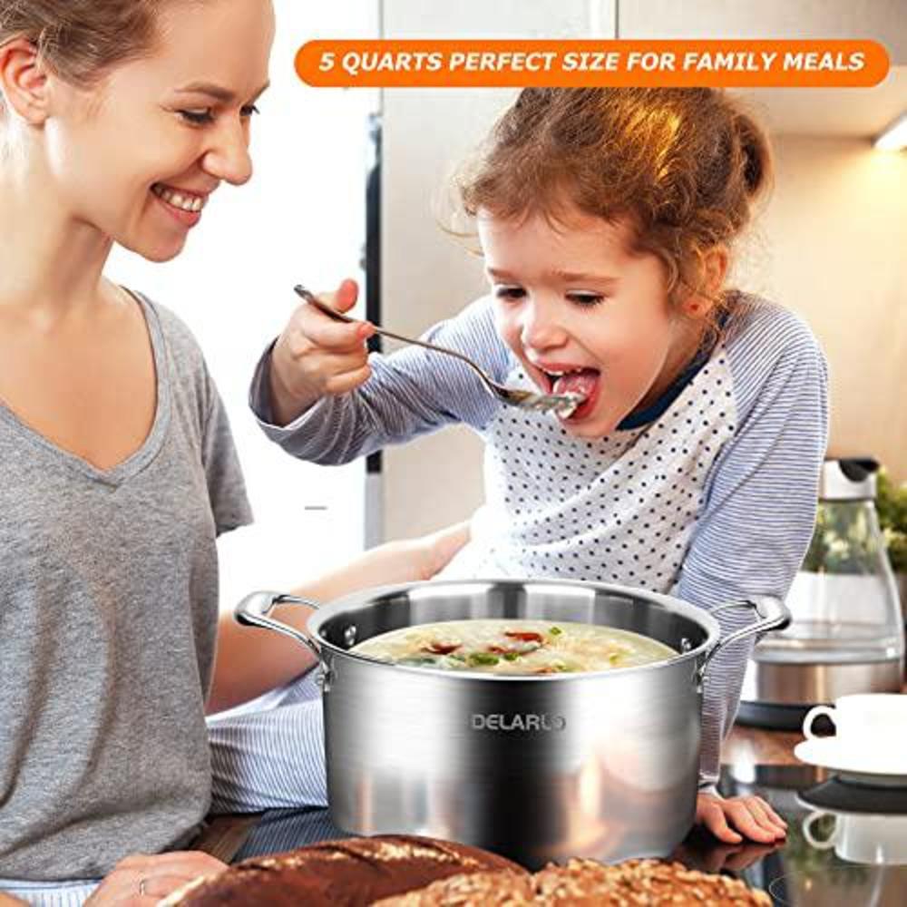 DELARLO stainless steel stock pot induction ready - 5qt delarlo cooking pot 18/8 food grade tri-ply stainless steel, durable soup pot