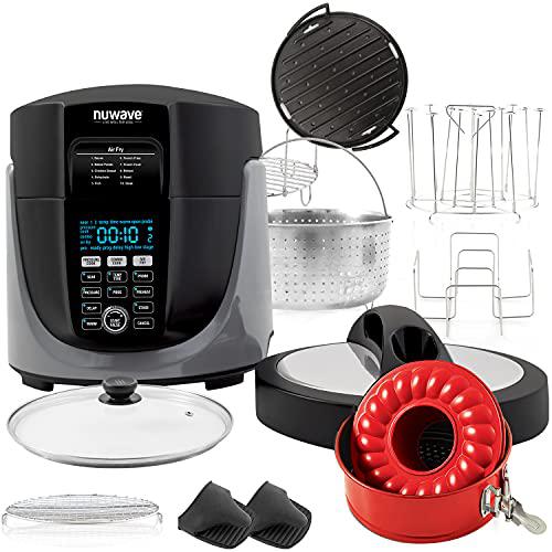 nuwave duet pressure cooker, air fryer & grill combo cooker deluxe with removable pressure and air fry lids, 6qt stainless st
