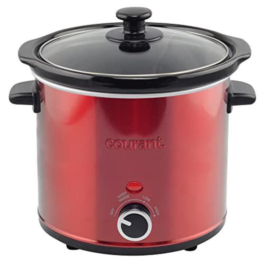 courant slow cooker 3.2 quart crock dishwasher safe stainproof pot and glass lid, round manual slow cooker, red stainless ste