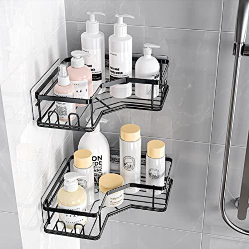 maxiffe corner shower caddy, shower organizer corner shower shelf with 8  hooks,2-pack adhesive stainless steel maxiffe shower shelves