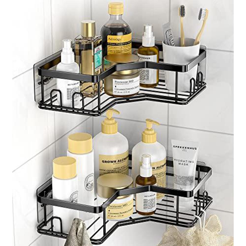 maxiffe corner shower caddy, shower organizer corner shower shelf with 8 hooks,2-pack adhesive stainless steel maxiffe shower shelves