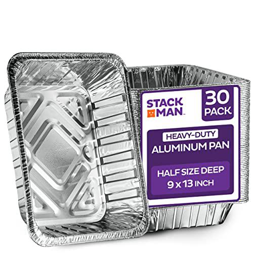 Stack Man aluminum pans 9x13 disposable foil pans [30-pack] heavy-duty baking pans, half-size deep steam table pans - tin foil pans gre