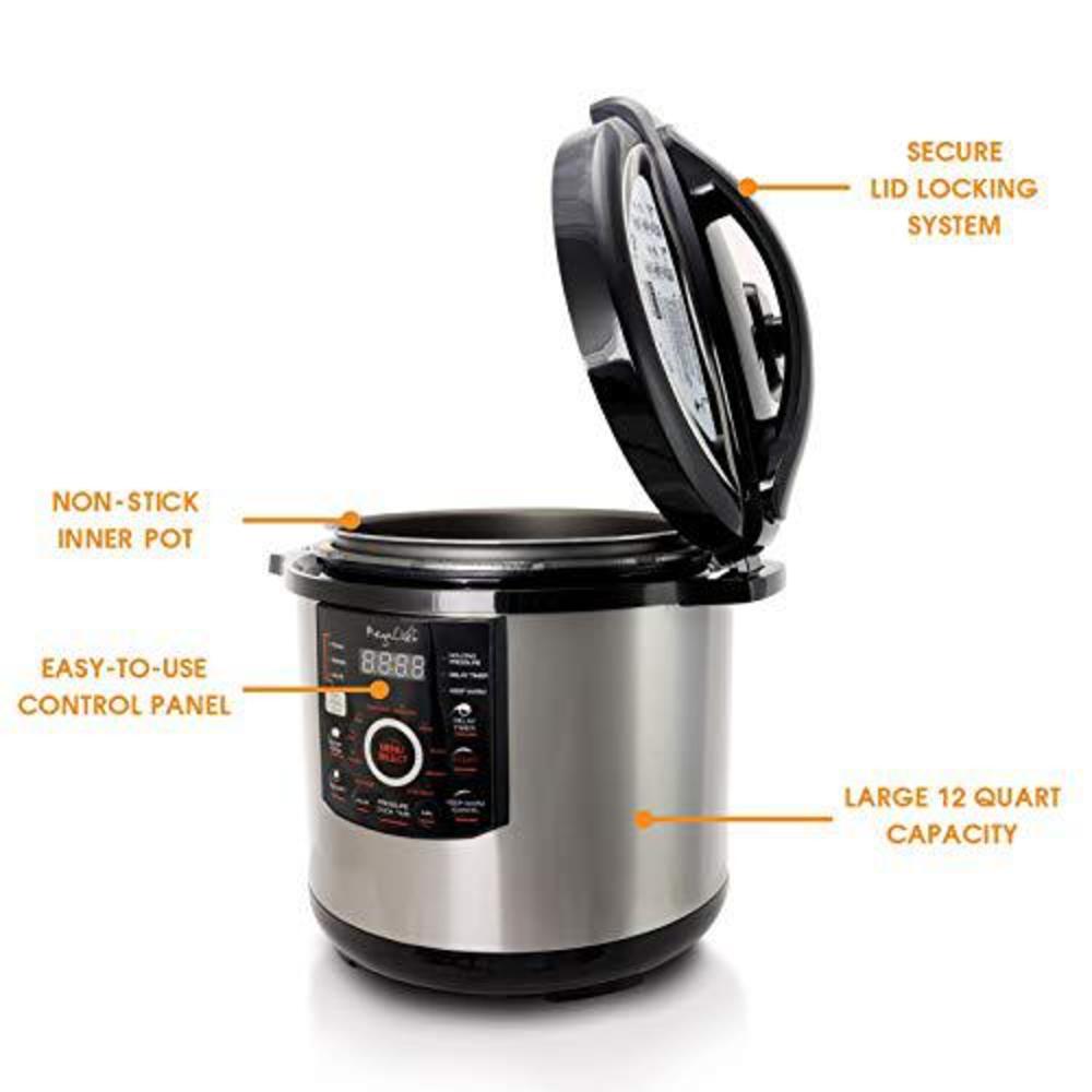 megachef 12 quart digital pressure cooker with 15 preset options and glass lid