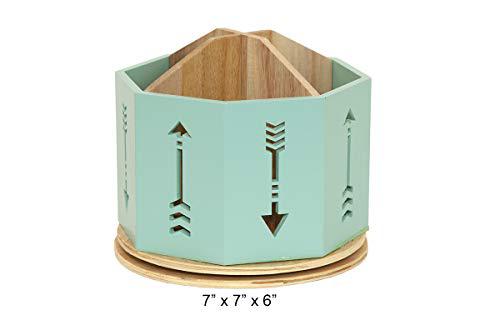 Designstyles spinning desktop stationary organizer - decorative wooden rotating pen and pencil cup - 4 compartment teal desk and table top