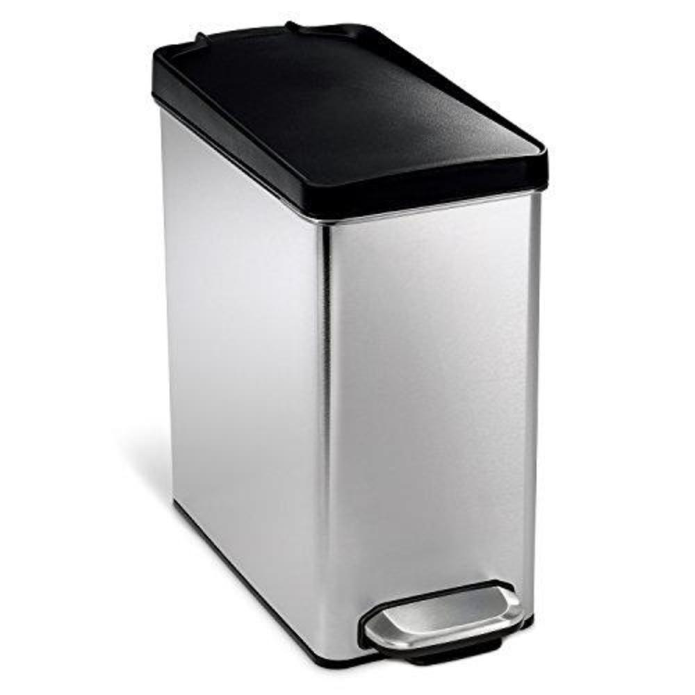 simplehuman 10 liter / 2.6 gallon bathroom slim profile trash can, brushed stainless steel with plastic lid