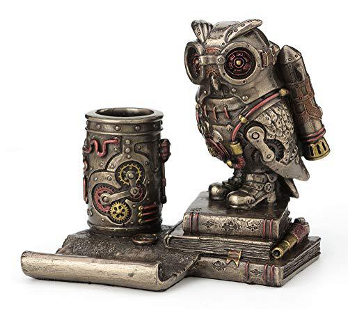 veronese design 5 inch steampunk owl cell phone stand pen holder antique bronze finish statue