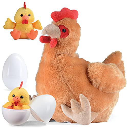 Prextex plush egg laying hen chicken with zippered pouch and two plastic eggs and its two little baby chicks inside egg
