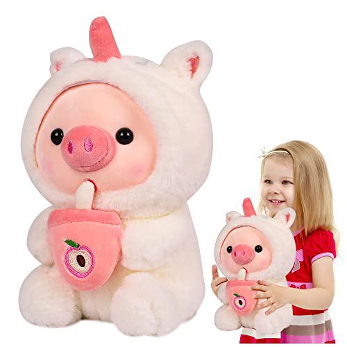 redaica stuffed animal 9.8in pig plush pillow reversible soft white cartoon stuffed doll pigs drink boba tea plush toy gifts for boy 