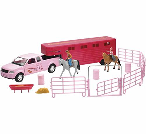 New-Ray valley ranch pink pick up truck and horse trailer playset