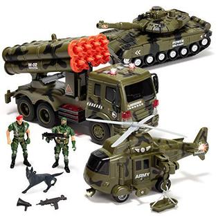 JOYIN joyin 3 in 1 friction powered siren military vehicle toy with action  figures, including military truck, helicopter and tank t