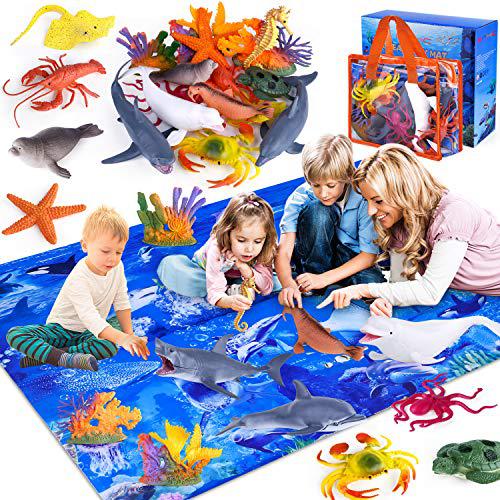Ginmic ginmic kids ocean animals toys with large play mat , 18 pack  assorted realistic sea animal toys with carrier bag including sh