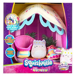 Squishville squishville by original squishmallows deluxe glamping playscene  - includes 2-inch paulita the pink tabby cat, bucket chair, s