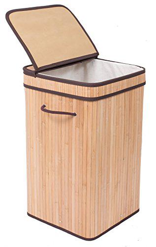 birdrock home square laundry hamper with lid and cloth liner - bamboo - natural - easily transport laundry - collapsible hamp