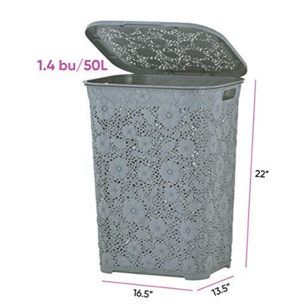 superio laundry hamper with lid lace design 50 liter - grey laundry hamper basket with cutout handles, rectangular shape mode