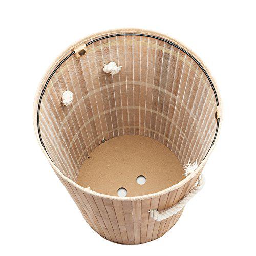 knocbel portable cylindrical laundry basket folding bamboo hamper dirty clothes storage with lid & removable cotton liner (na