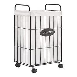 mxfurhawa iron wire laundry hamper with rolling lockable wheels, folding laundry storage basket with handles,detachable liner