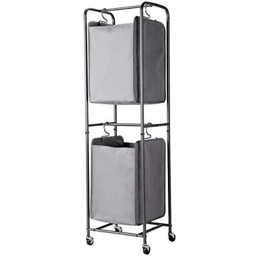 birdrock home rolling 2-hamper vertical laundry sorter - grey - hamper cart with double sections baskets and wheels - hanging