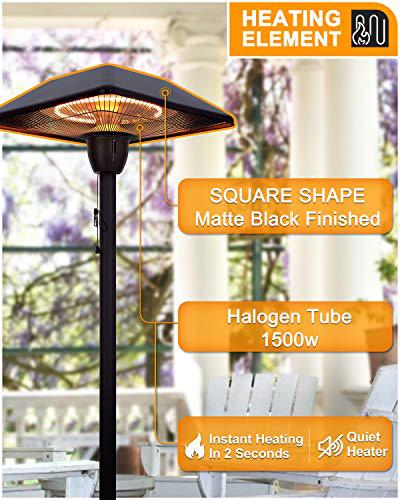 star patio electric patio heater, outdoor heater, 1500w infrared heater with square shape matte black finished, tip-over prot
