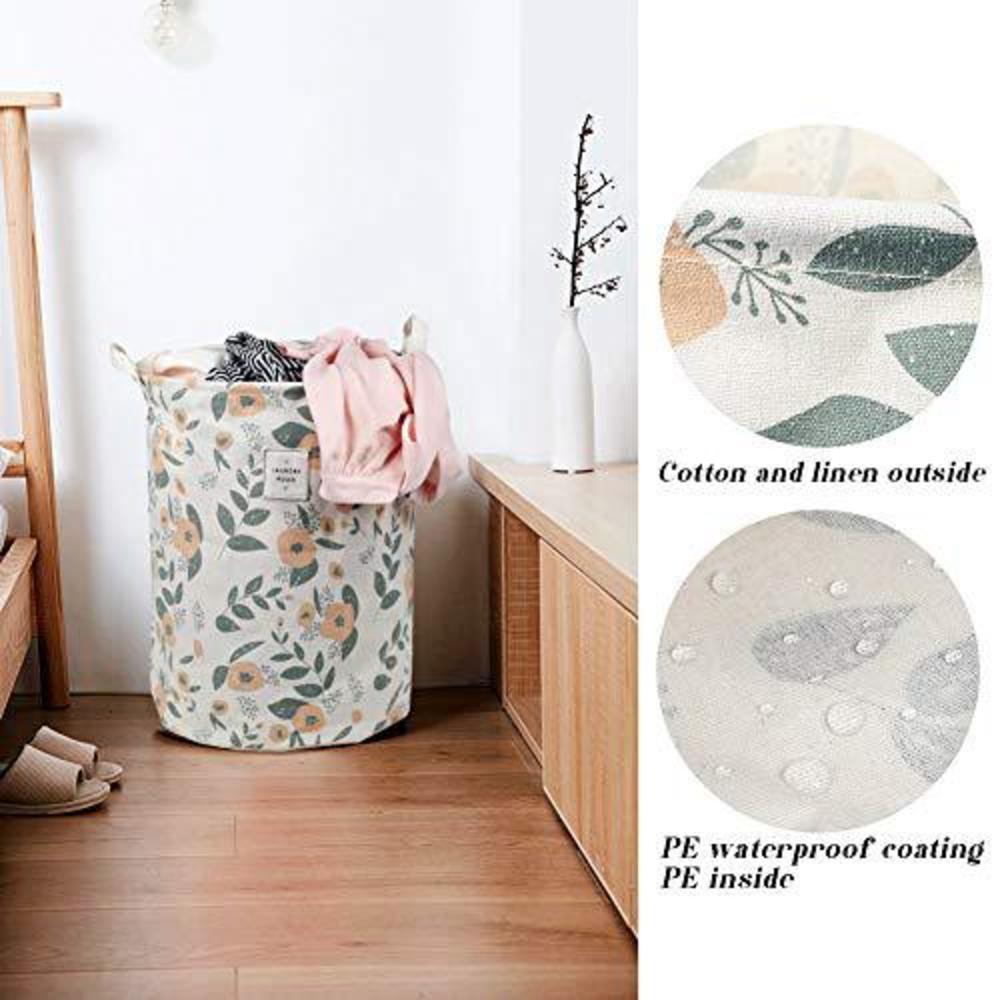 uujoly collapsible laundry basket, laundry hamper with handles waterproof round cotton linen laundry hamper printing househol