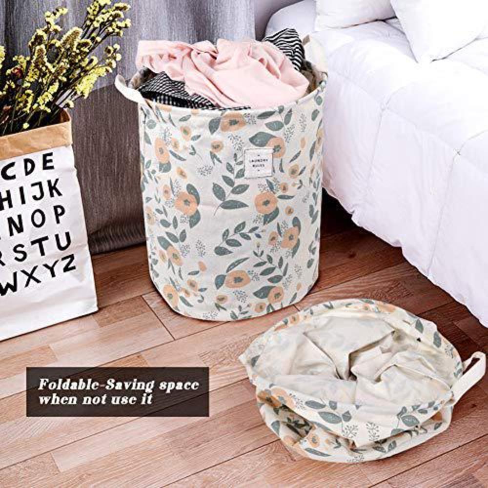 uujoly collapsible laundry basket, laundry hamper with handles waterproof round cotton linen laundry hamper printing househol