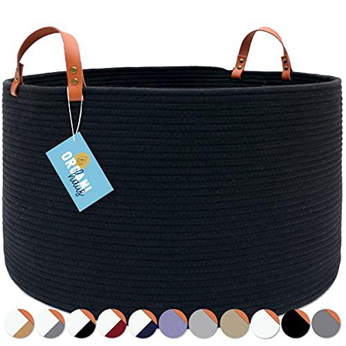 organihaus black large storage basket for blankets w leather handles | xxl cotton rope laundry basket black hamper baskets fo