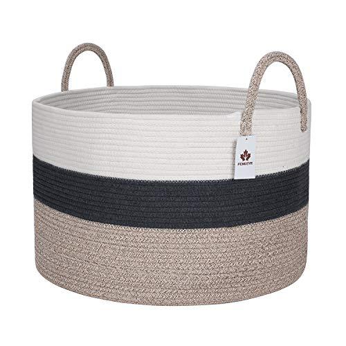 FENG@YE extra large woven cotton rope basket 21.7"x13.8" | xxxl storage basket kid&baby clothes hamper laundry bin nursery with handl