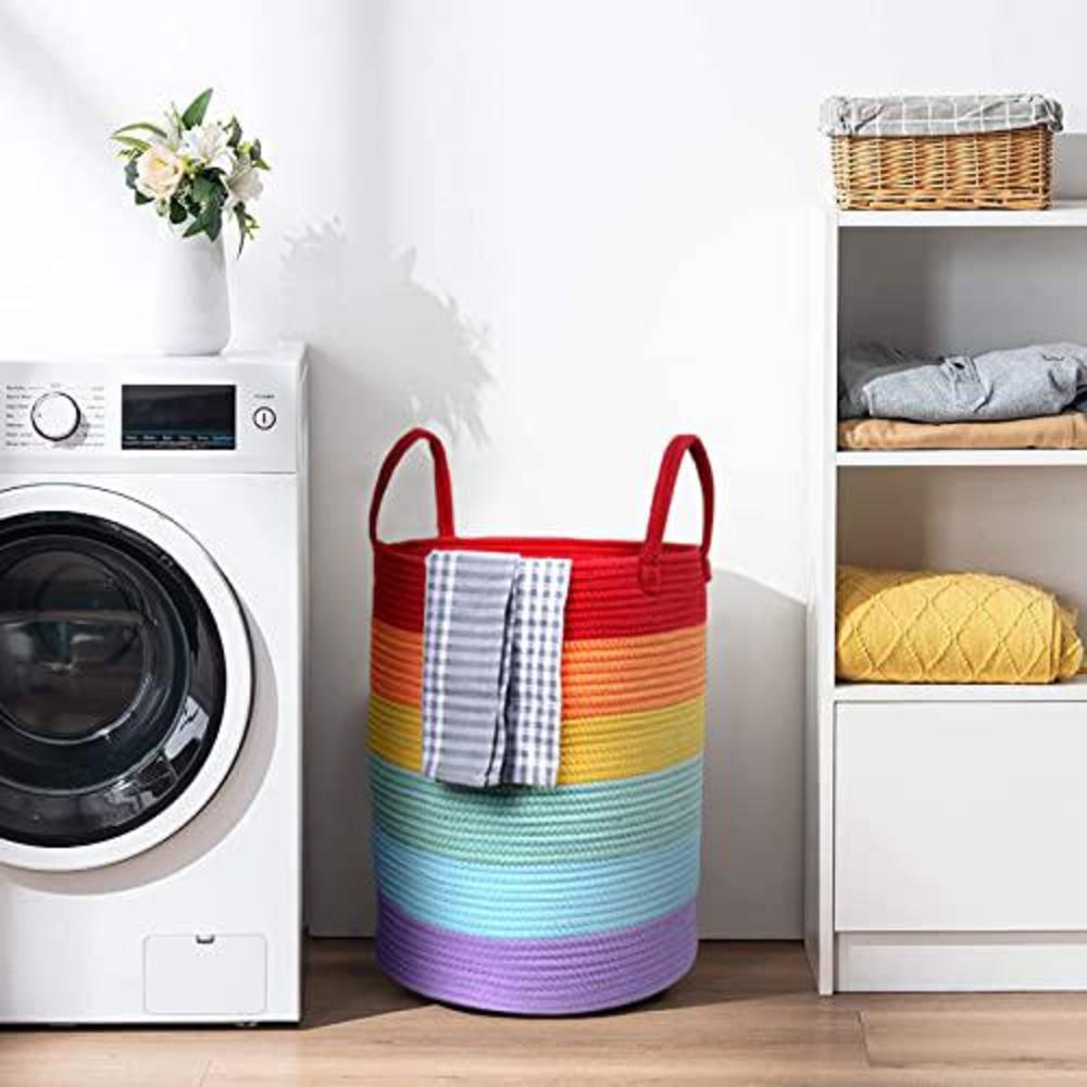 guzhiou large rainbow basket 18 x14| colorful classroom decor for toy storage baskets for organizing | cotton rope laundry basket ham