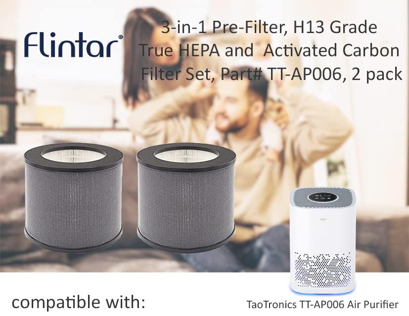 flintar 2-pack ap006 h13 true hepa replacement filter, compatible with taotronics tt-ap006 air purifier, 3-in-1 pre-filter, h