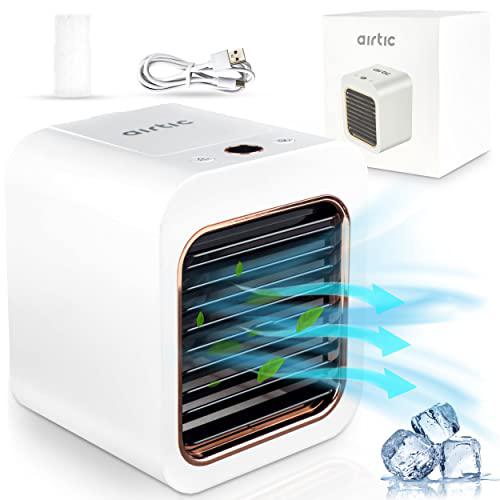 airtic mini portable air cooling fan, personal air cooler, 3 wind speeds 2 evaporative air cooler, led light, rechargeable ba