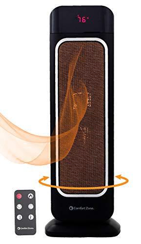 Comfort Zone oscillating space heater - ceramic forced fan heating with stay cool housing - tower with remote control, digital thermostat,