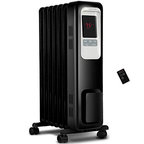 aikoper space heater, 1500w oil filled radiator heater with 24-hours timer, remote control, digital thermostat, tip-over & ov
