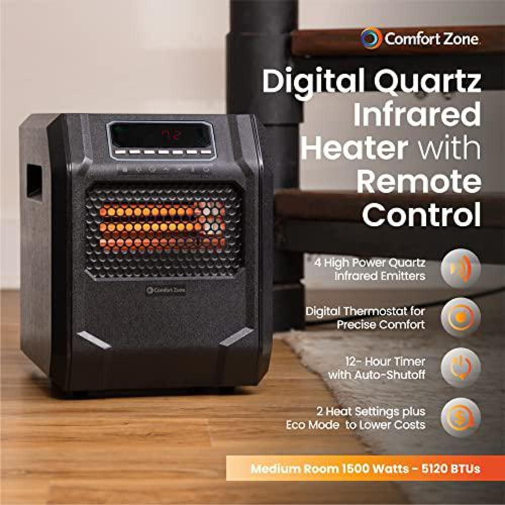 comfort zone cz2018 750/1500-watt digital quartz infrared cabinet space heater w/remote, black