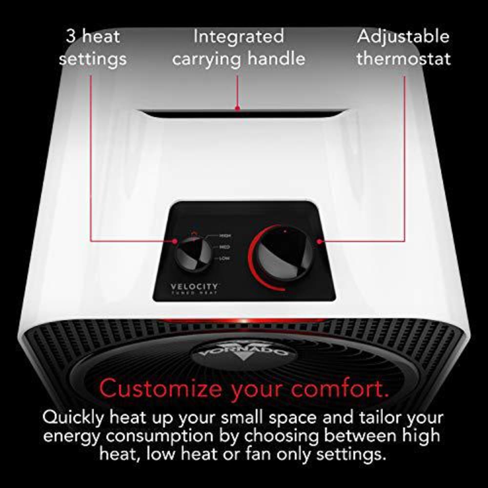 vornado velocity 3 space heater with 3 heat settings, adjustable thermostat, and advanced safety features, white