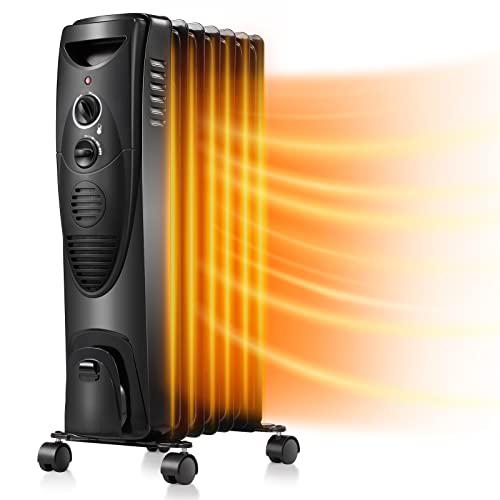 kismile 1500w oil filled radiator heater, portable electric heater with 3 heat settings, adjustable thermostat, overheat & ti