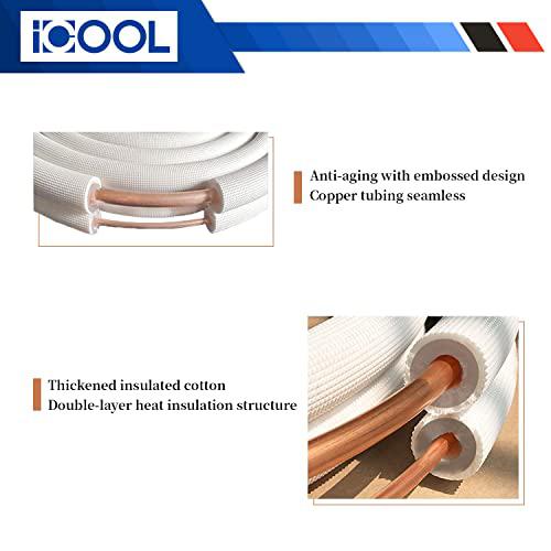 icool 16 ft. mini split line set, 1/4" & 1/2" o.d. twin copper pipes, 3/8" thickened pe insulated coil copper line for air co