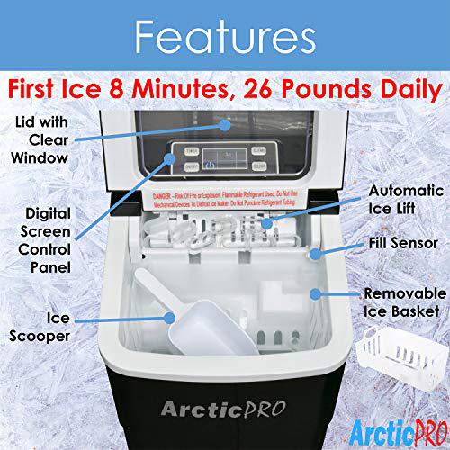 Arctic-Pro portable digital ice maker machine by arctic-pro with ice scoop, first ice in 6-8 minutes, 26 pounds daily, great for kitchen
