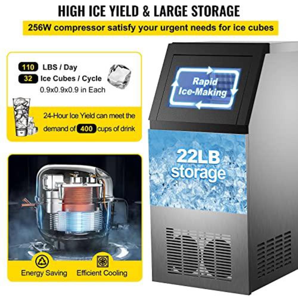 VEVOR happybuy commercial ice maker, 100 lbs/24h, stainless steel under counter ice machine with 29 lbs storage bin, 4x8 cubes read
