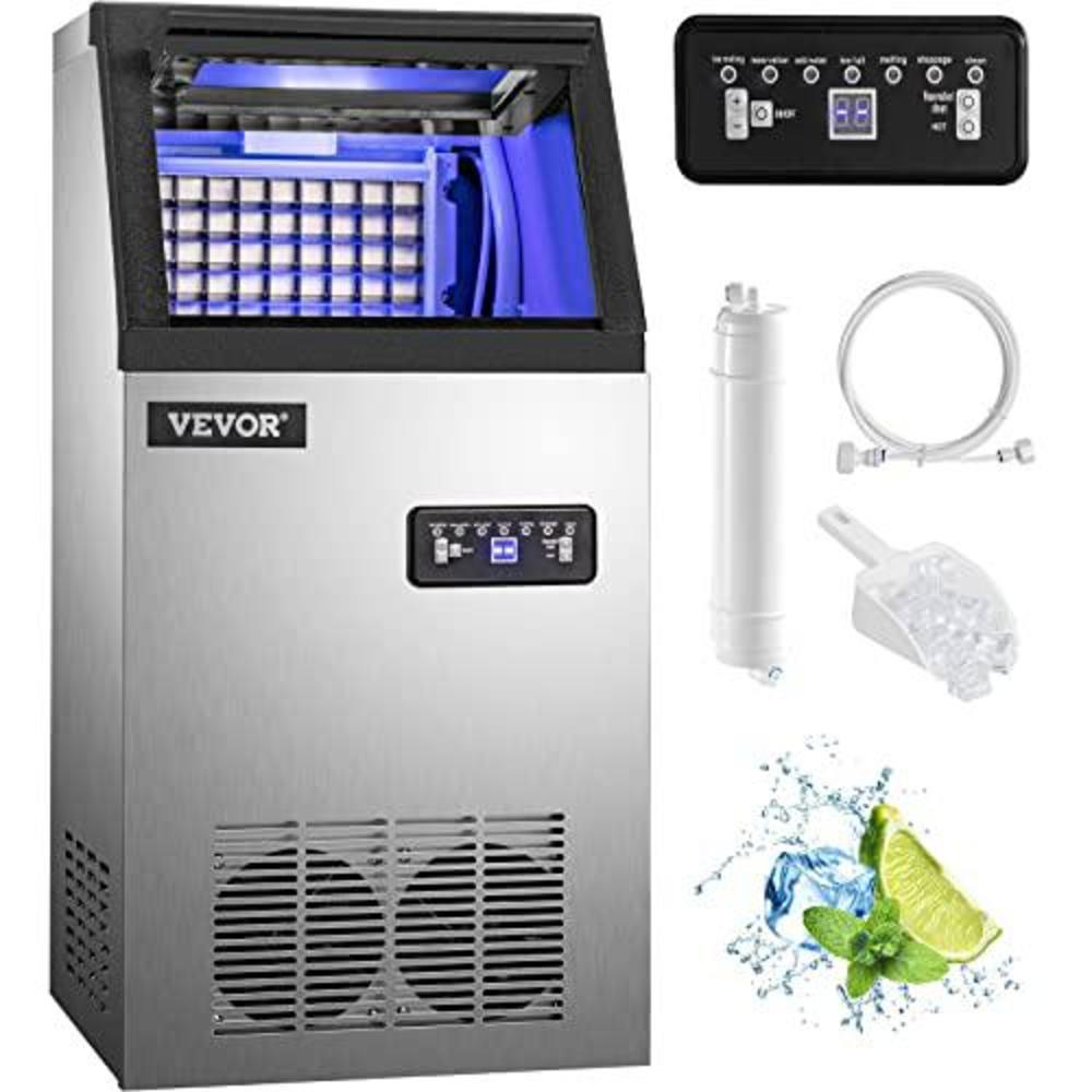 VEVOR happybuy commercial ice maker, 100 lbs/24h, stainless steel under counter ice machine with 29 lbs storage bin, 4x8 cubes read