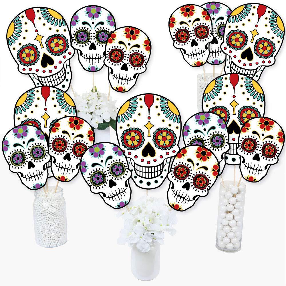 big dot of happiness day of the dead - halloween sugar skull party centerpiece sticks - table toppers - set of 15