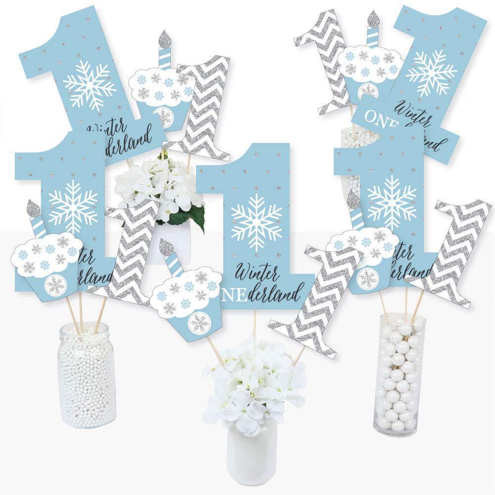 big dot of happiness onederland - snowflake winter wonderland first birthday party centerpiece sticks - table toppers - set o