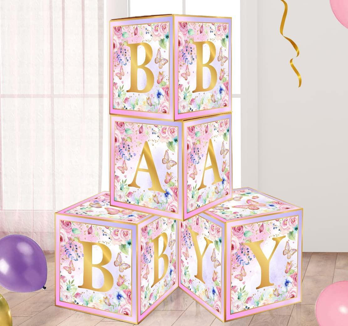 chinthie butterfly party decorations for girl baby shower and birthday - 4pcs pink butterfly baby boxes with gold baby letters, butter