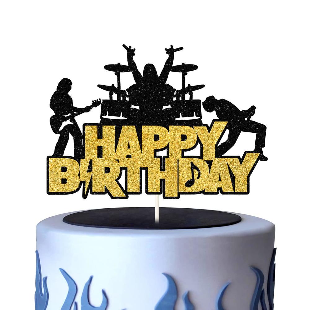 n\\w rock and roll cake topper, happy birthday cake decorations, drums guitar musical notes music player rock lets party theme bir