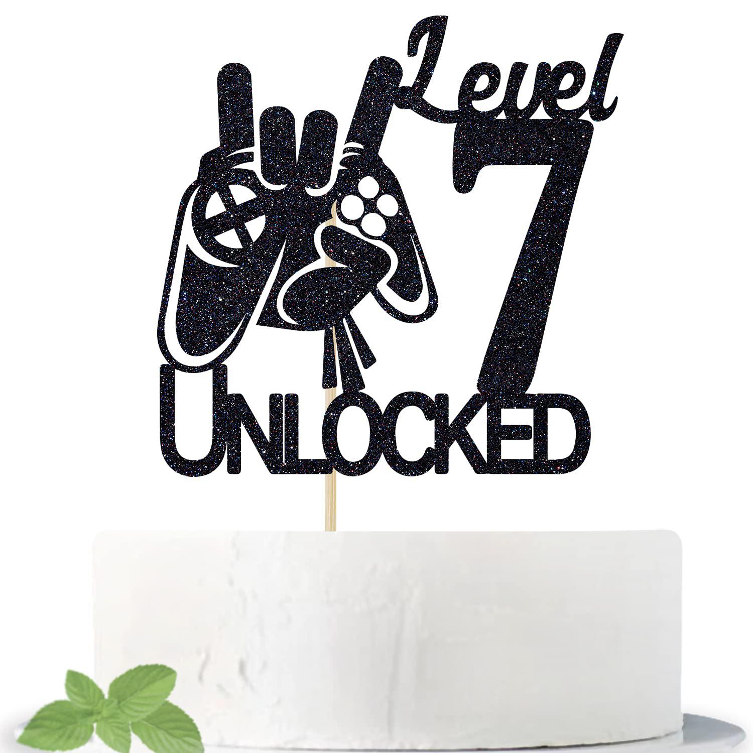 cos mos video game level 7 unlocked birthday cake topper black glitter boys 7th birthday cake decorations level up winner par