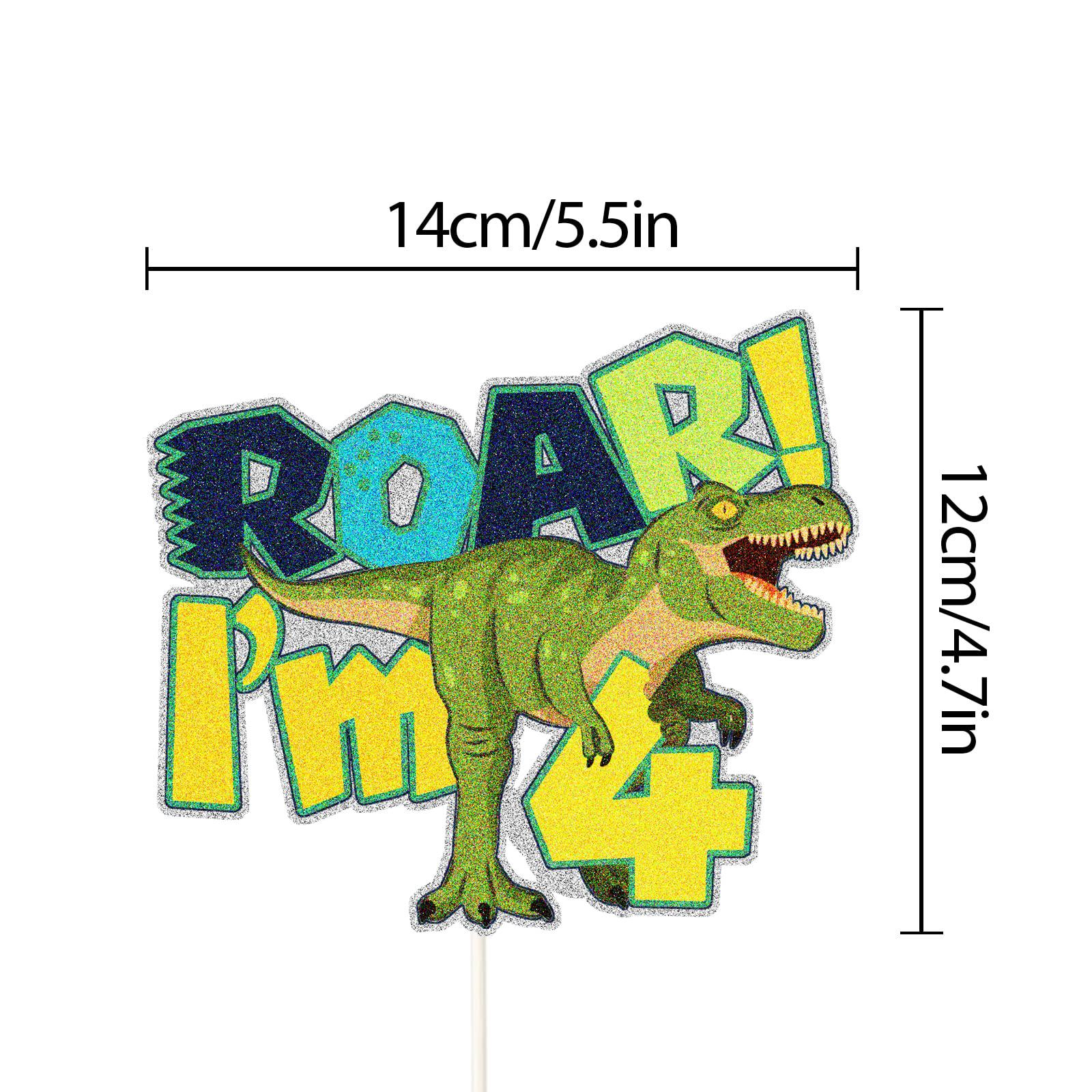 chienmin glitter roar dinosaur im 4 cake topper for baby's four years old birthday party decorations, jurassic park gold