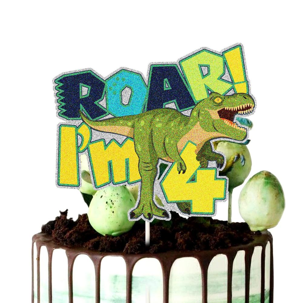 chienmin glitter roar dinosaur im 4 cake topper for baby's four years old birthday party decorations, jurassic park gold