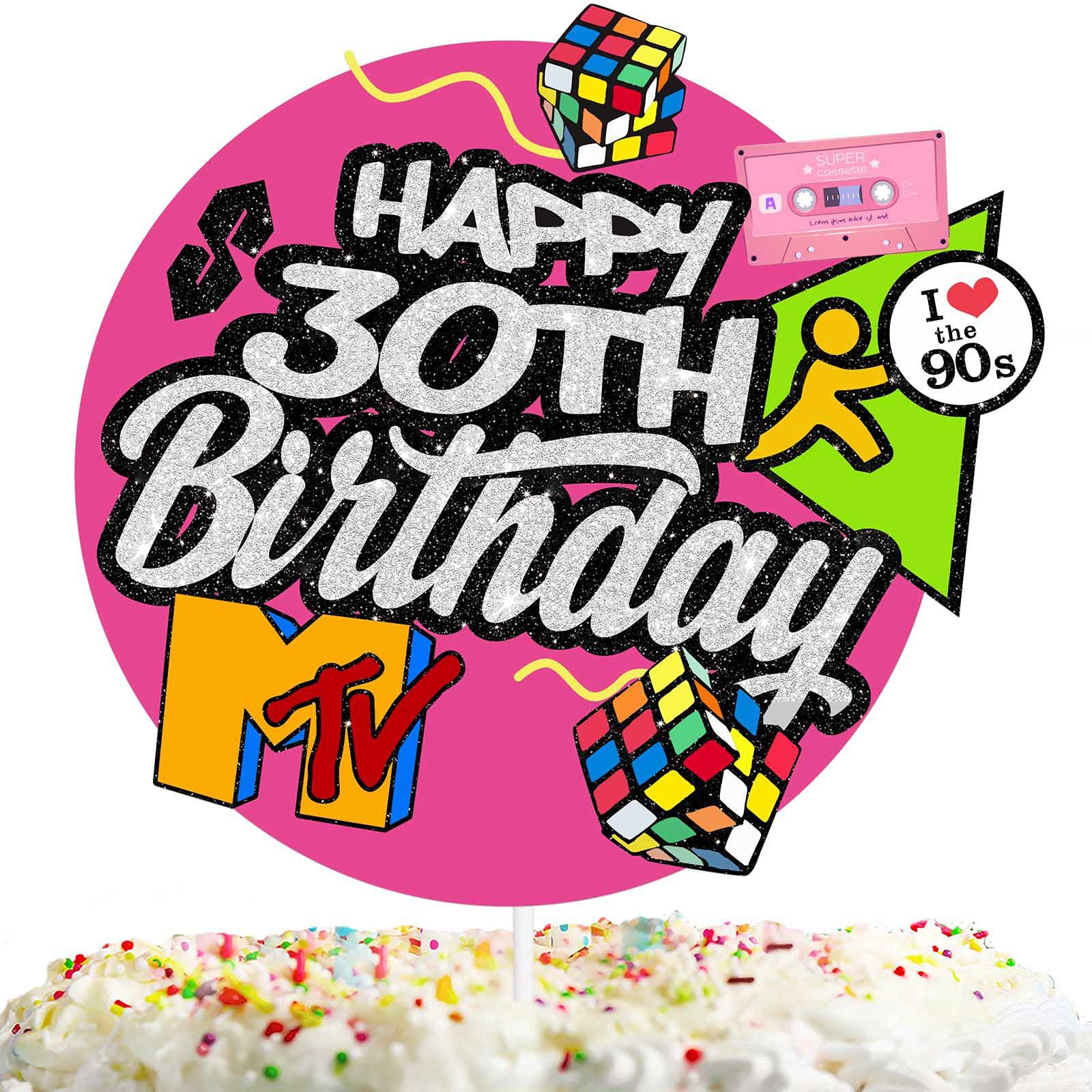 letlimit pink glitter happy birthday 30th cake topper radio i love 90s  retro throwback theme decor