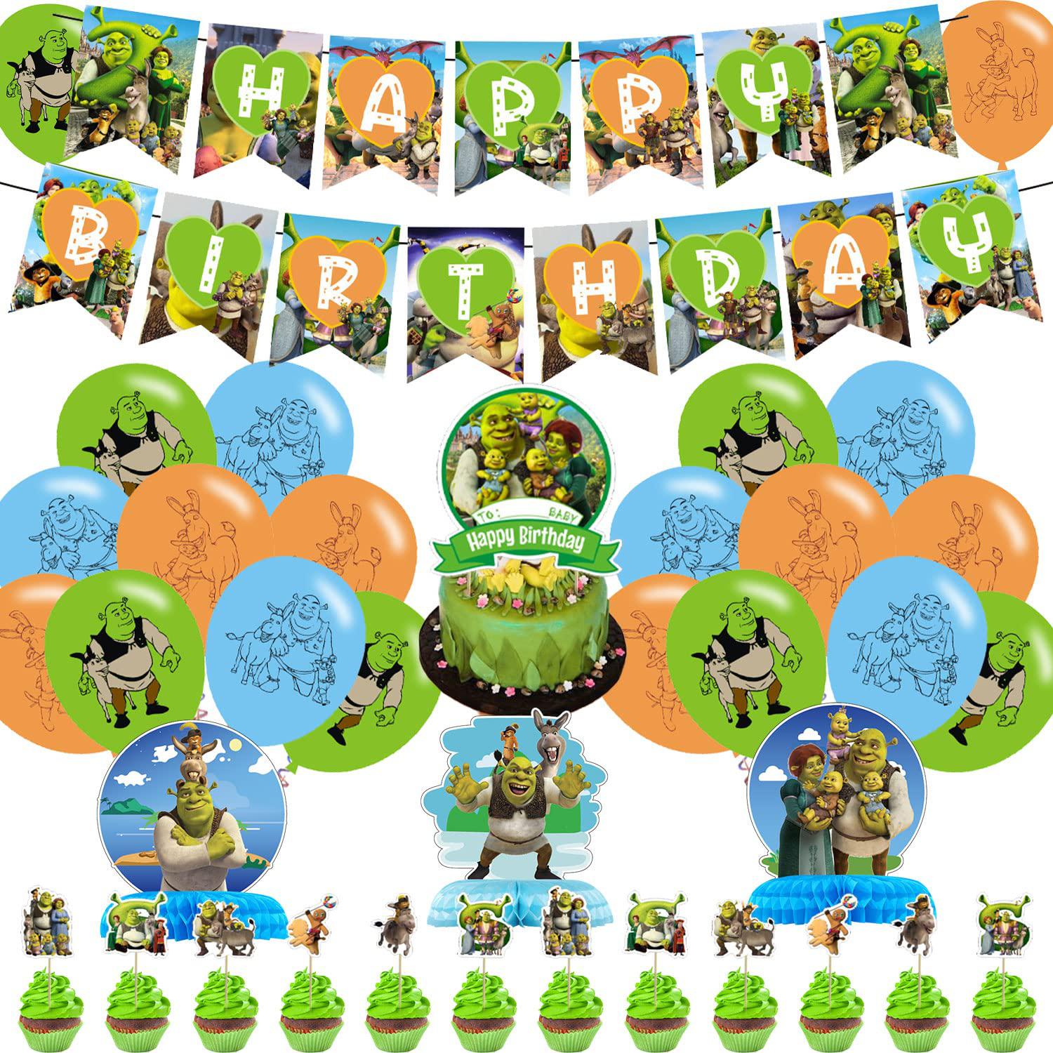 AUSDU shrek theme party decorations,shrek birthday party supplies includes banner - cake topper - 12 cupcake toppers - 18 balloons-